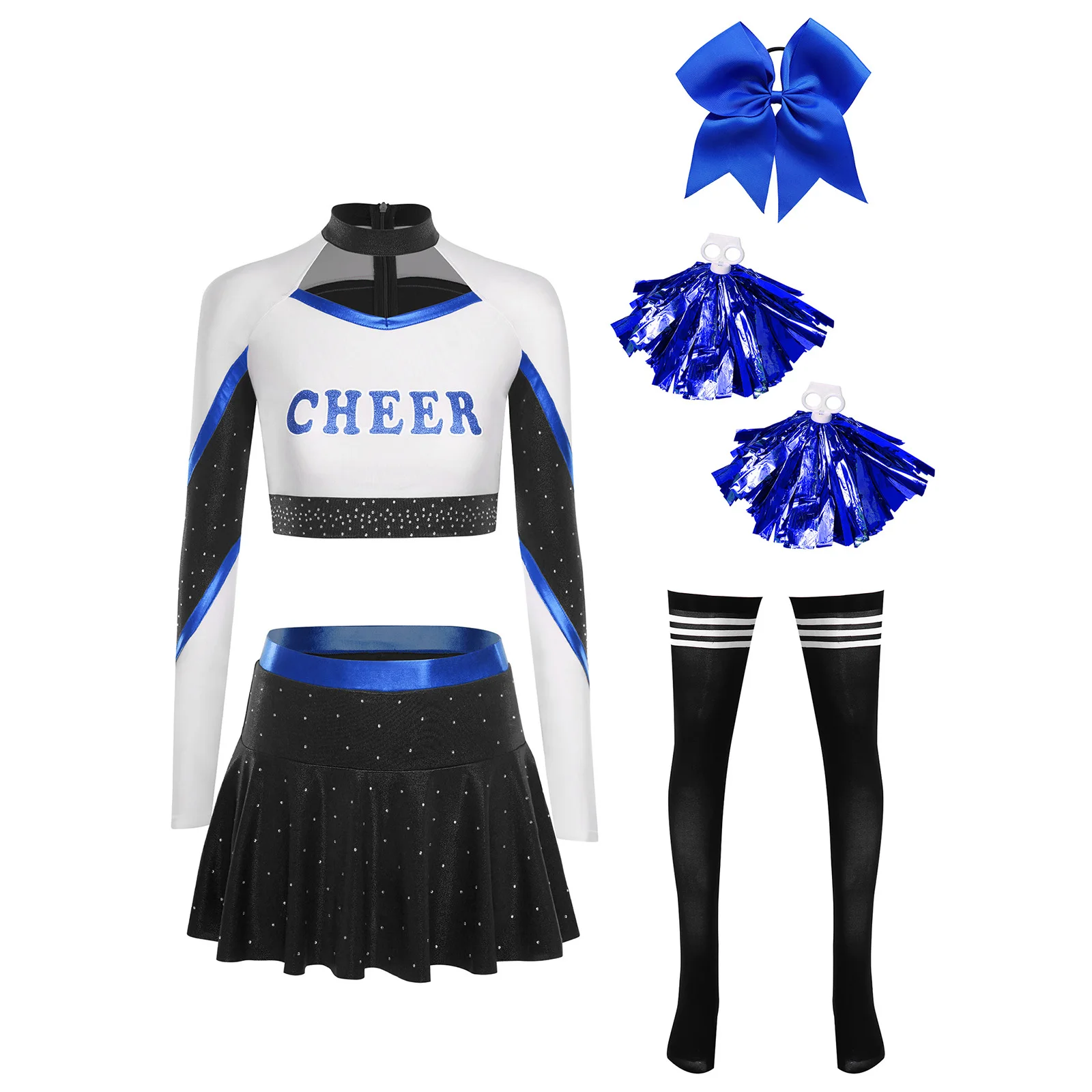 Women Cheerleading Crop Top And Miniskirt with Bowknot Hairband Flower Balls And Stockings Competition Shiny Cheering Dance Suit