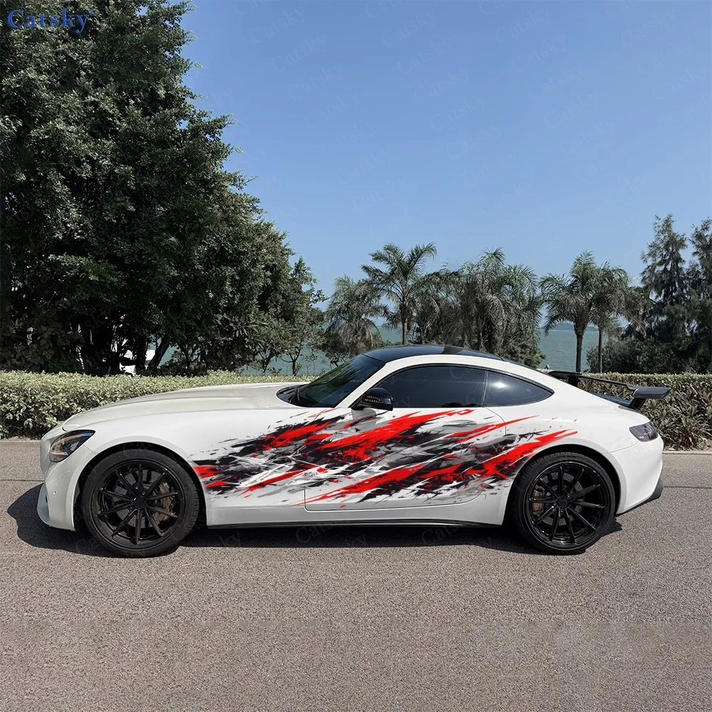 

2Pcs Dynamic Red and Black Abstract Lines Car Body Side Sticker, Automotive Door Side Graphics for Car, Car Decoration Accessory