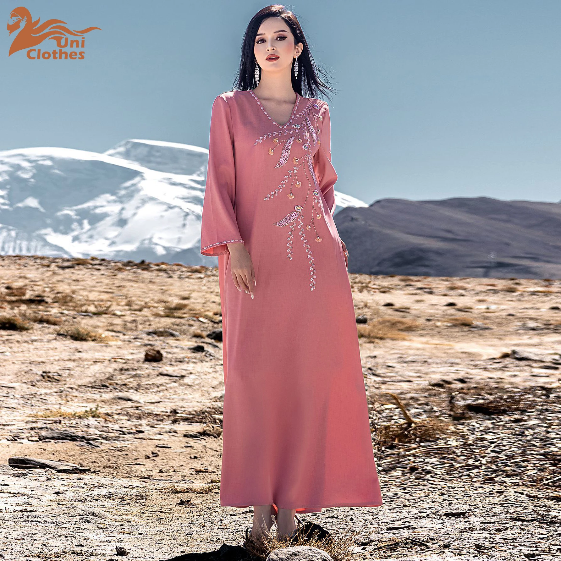 

UNI Eid Muslim Diamond Dress Women V Neck Abaya Party Long Dresses Robe Jalabiya Ramadan Morocco 2025 Vestidos Largos