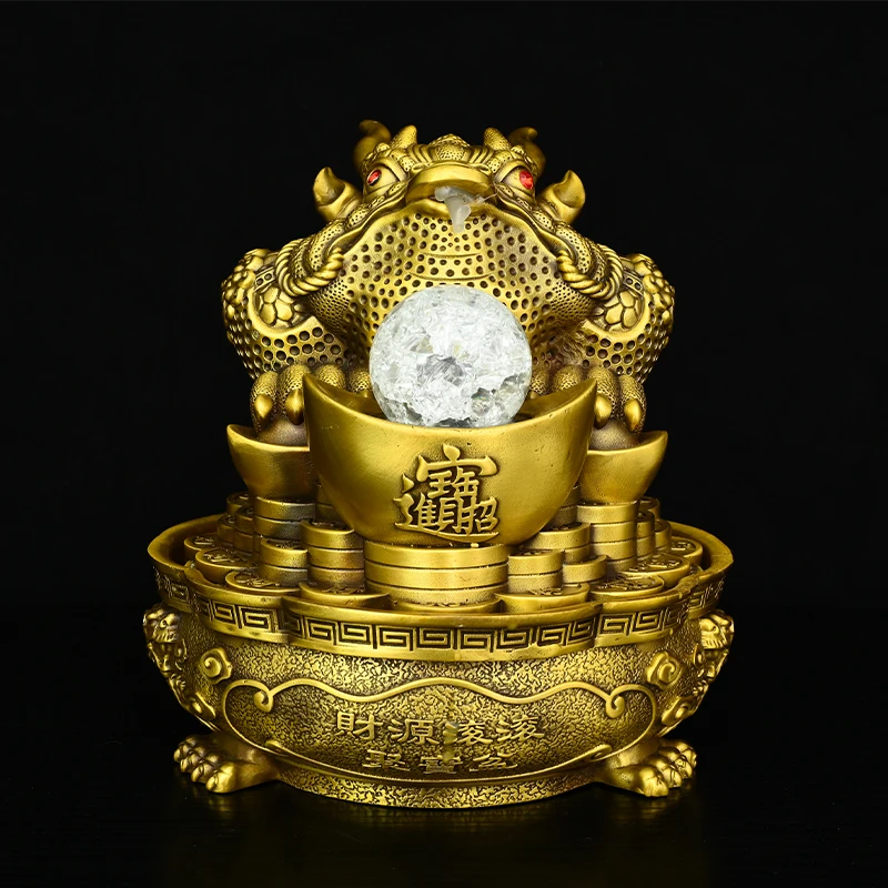 Old Brass Golden Toad Statue Ball absorbs water Yuanbao coins Treasure Basin Base Study screen Amass wealth Ornaments Town house