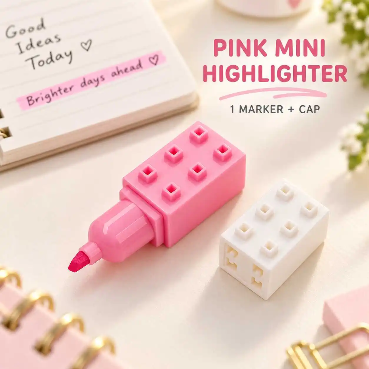 Pink Building Block Mini Highlighter Rectangular Hollow Stud Body White Closing Cap Chisel Tip Single Piece
