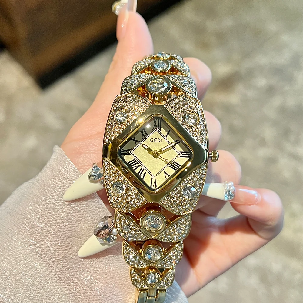 

GEDI модные роскошные часы для женщин, полностью инкрустированный бриллиантами ремешок с римскими цифрами, дисплей с бриллиантовым циферблатом, кварцевые женские наручные часы