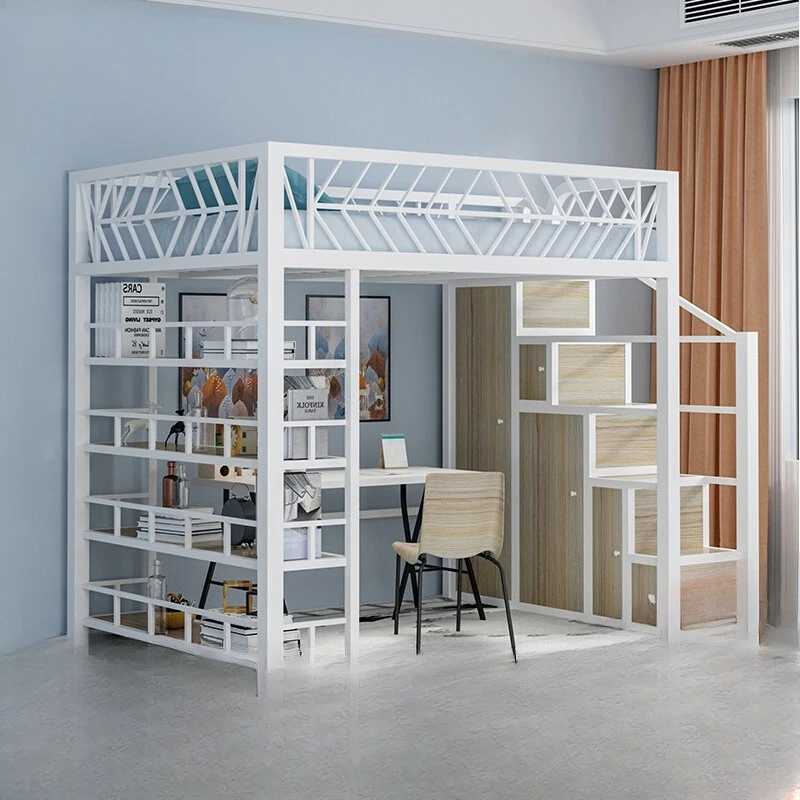 

Multifunctional elevated bed Small apartment loft bed Wardrobe upper wrought iron