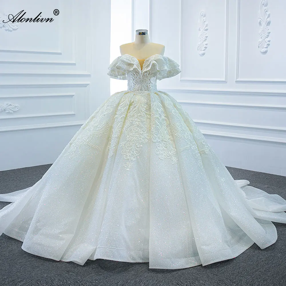 

Alonlivn 100% Real Pictures Ruffles Top Ball Gown Wedding Dress Sparkle Skirt Off The Shoulder Bridal Gowns