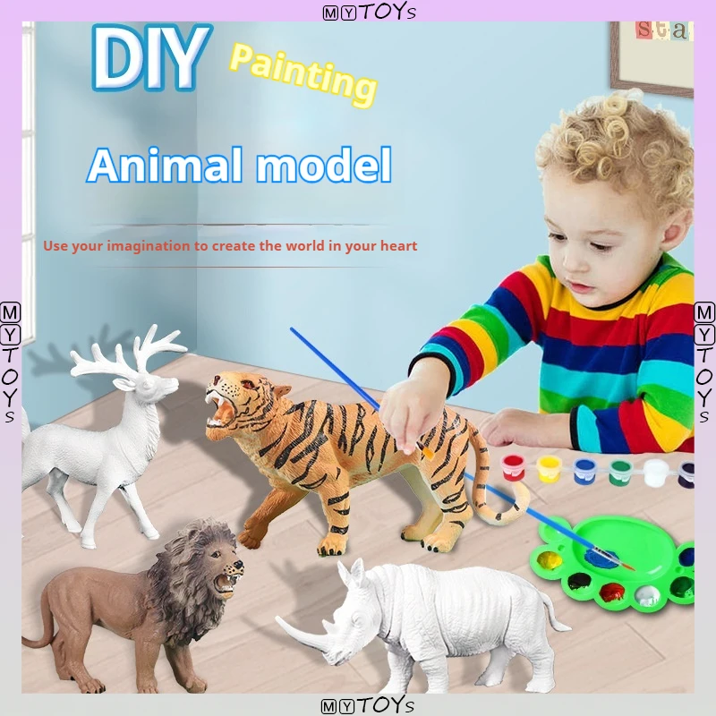 

Детский набор окрашенных животных джунглей своими руками, статическая пластиковая игрушка, белый эмбрион, окрашенная белая форма, упражнения, практические способности