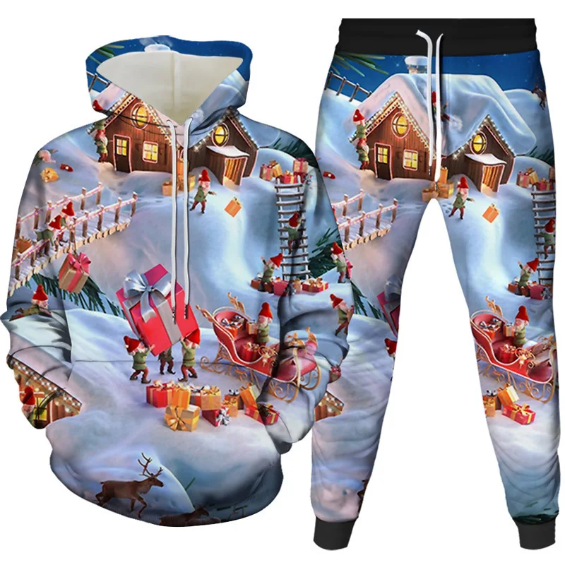 Christmas Santa Claus 3D Cartoon Print Tracksuit Set Man Woman Hoodies+Pants 2pcs Sets Fashion Sportwear kids Pullover Clothing