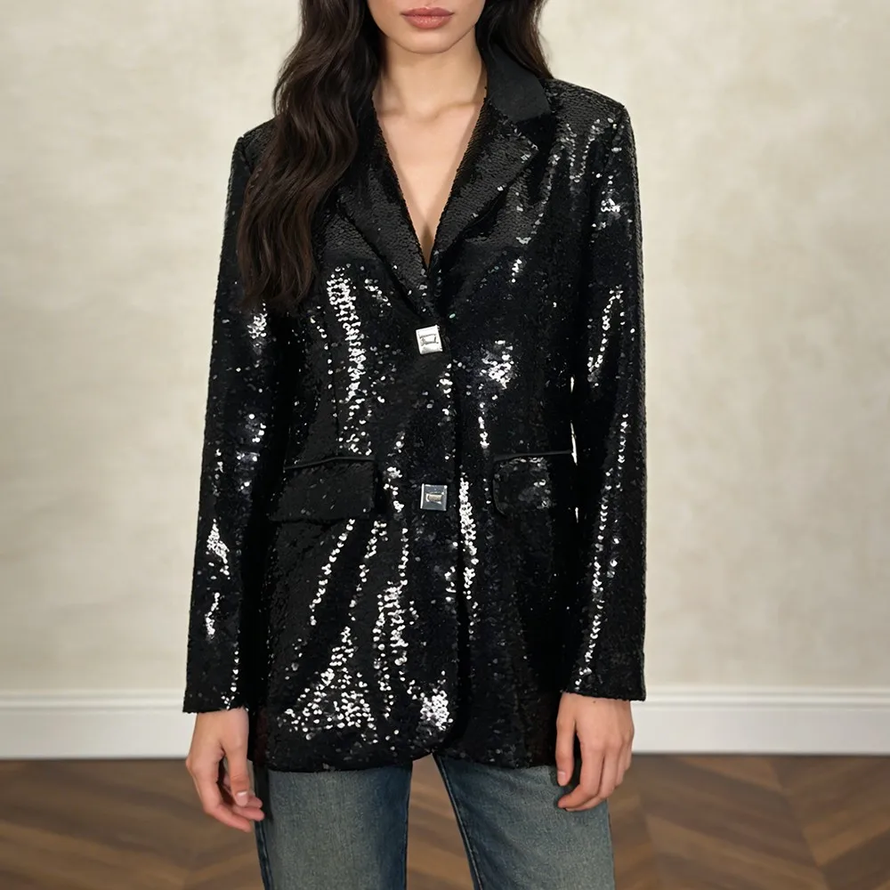 TWOTWINSTYLE Solid Spliced Sequins Chic Jacket Female Lapel Long Sleeve Loose Luxury Party Women's Jackets Autumn Fashion New