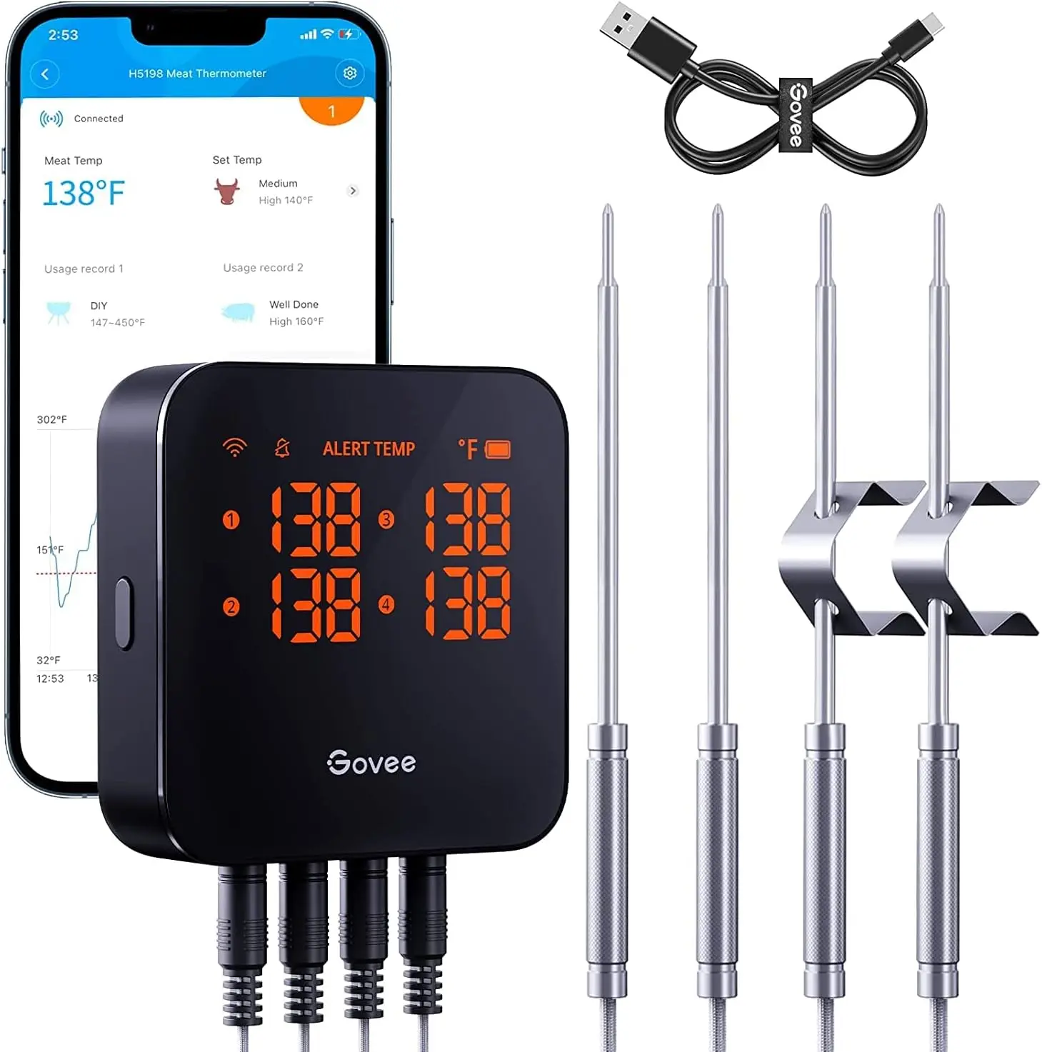 

Smart WiFi Meat Thermometer with 4 Probes, Wireless App Alerts for BBQ Grill Oven Cooking