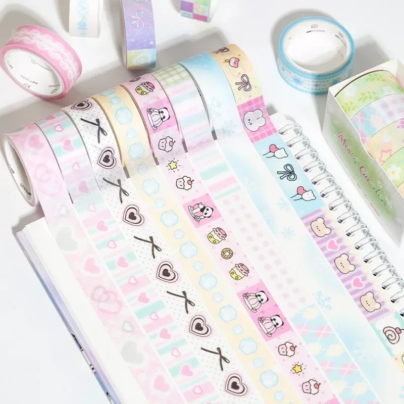Set stiker Washi Flash halus Korea, 5 gulungan/Set stiker gadis lucu Galaxy, Stiker buku pegangan DIY bahan putaran