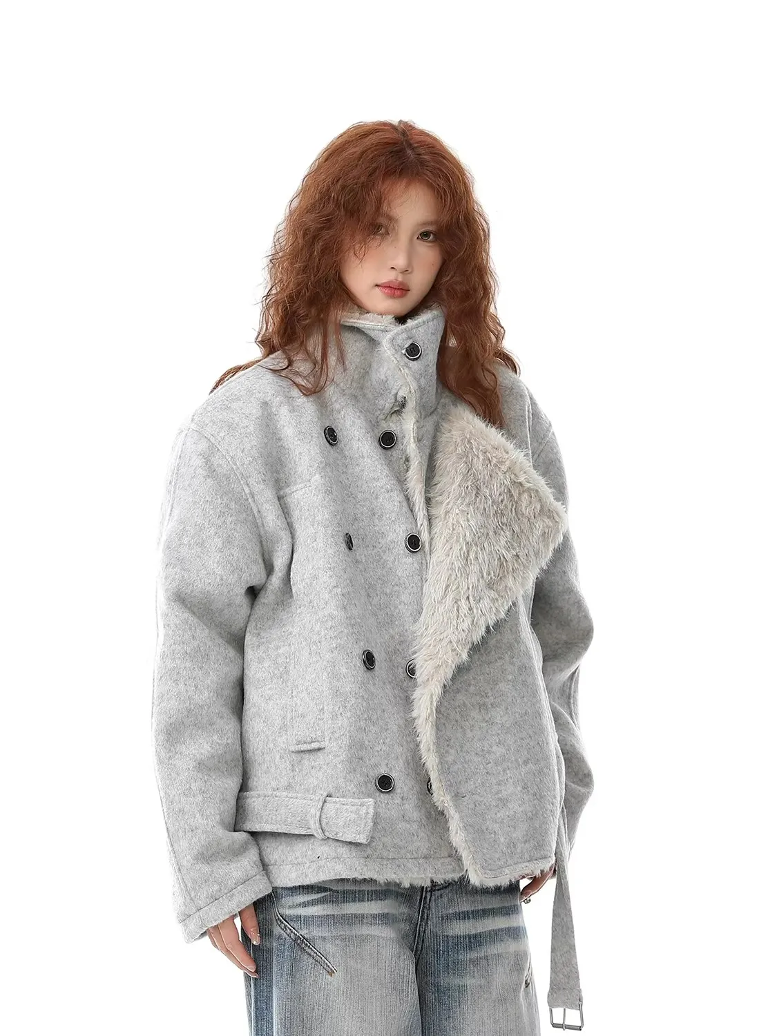 

American Style Thickened Double Row Fur Collar Cotton Jacket for Men And Women Winter Warm Woolen Coat Loose Fit Youth Fashion