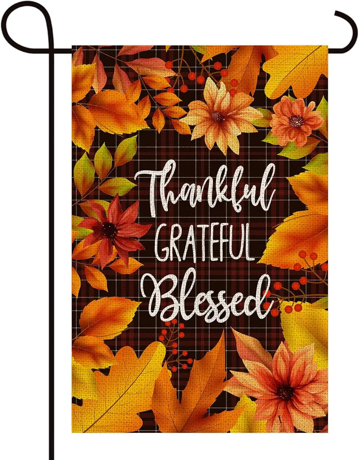 Texupday Thankful Grateful Blessed Fall Leaves Floral Harvest Decoration Double Sided Vertical Check Plaid Burlap Garden Flag Ru