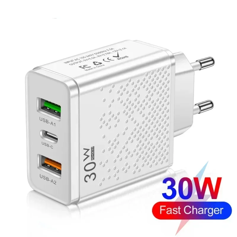 3 Ports EU/US Plug Wall Adapter PD USB Charger Quick Charge 3.0 30W Fast Phones Charger Adapter