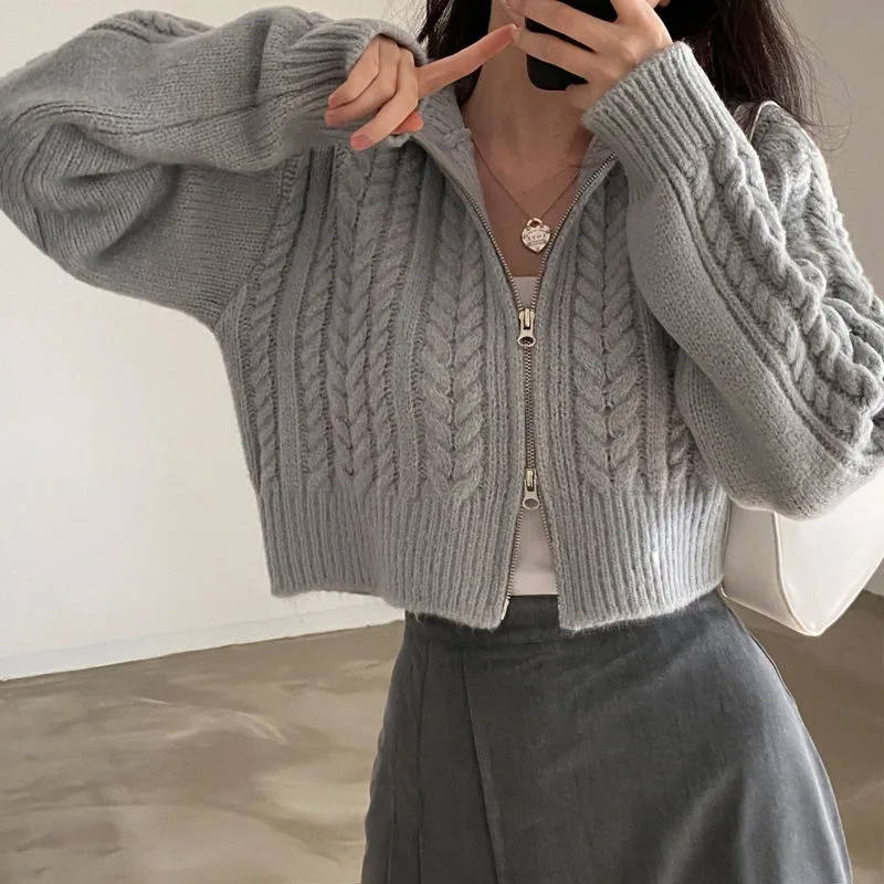 Deeptown Vintage Zipper Women Sweaters Hooded Korean Fashion Long Sleeve Knitted Cardigan Loose Preppy Knitwear Autumn Casual