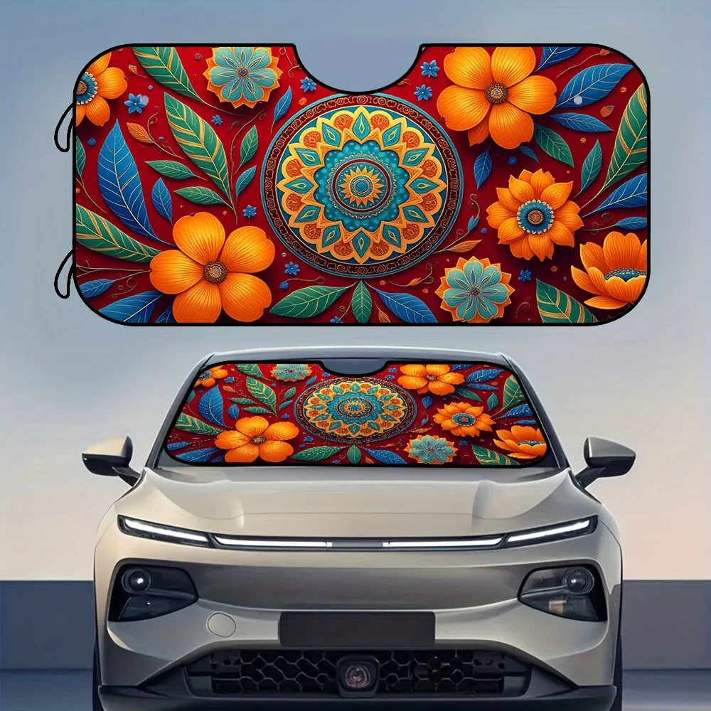 One Piece, Bohemian Floral Mandala Design Sun Visor For The Windshield, Collapsible Sunshade, Ideal For City Driving, Outdoor Pa