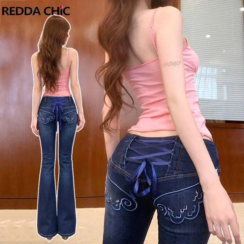 ReddaChic Laced Back Low Rise Jeans for Women Kawaii Distressed Wing Embroidery Stretchy Denim Bootcut Pants Vintage Streetwear