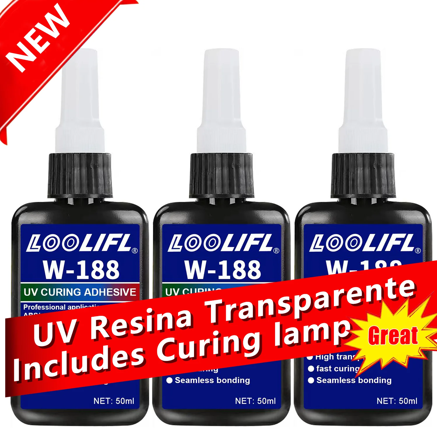 LOOLIFL New W-188 Strong 50ml UV Glue Curing Adhesive UV Curing Crystal Glass and Metal ABS Bonding Welding With UV Curing Lamp