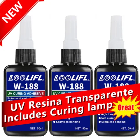 LOOLIFL New W-188 Strong 50ml UV Glue Curing Adhesive UV Curing Crystal Glass and Metal ABS Bonding Welding With UV Curing Lamp