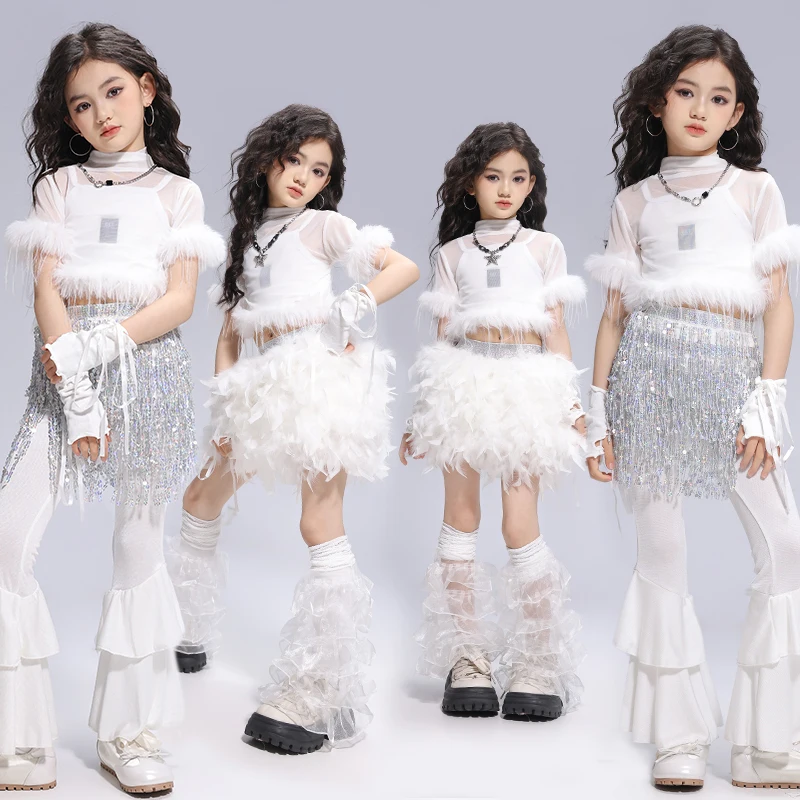 

Girls Gauze Crop Top Street Dance Kids Sequin Skirts Hip Hop Jazz Silver Miniskirt Clothes Sets Child Streetwear K-pop Costumes