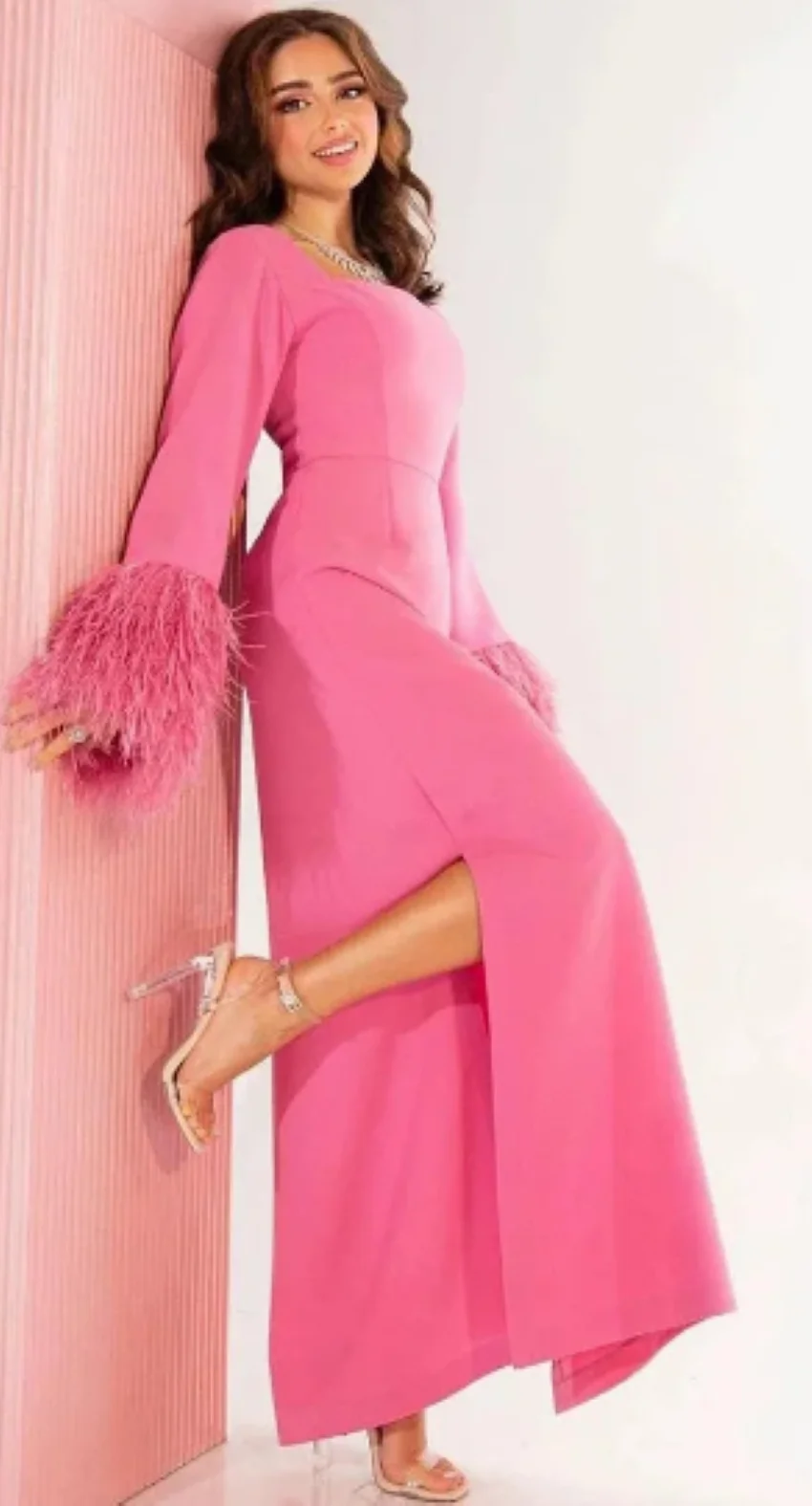 

Othray Square Neck Long Sleeve Slit Women Elegant Formal Party Evening Gown 2025 vestidos de gala Pink Prom Dress Feathers