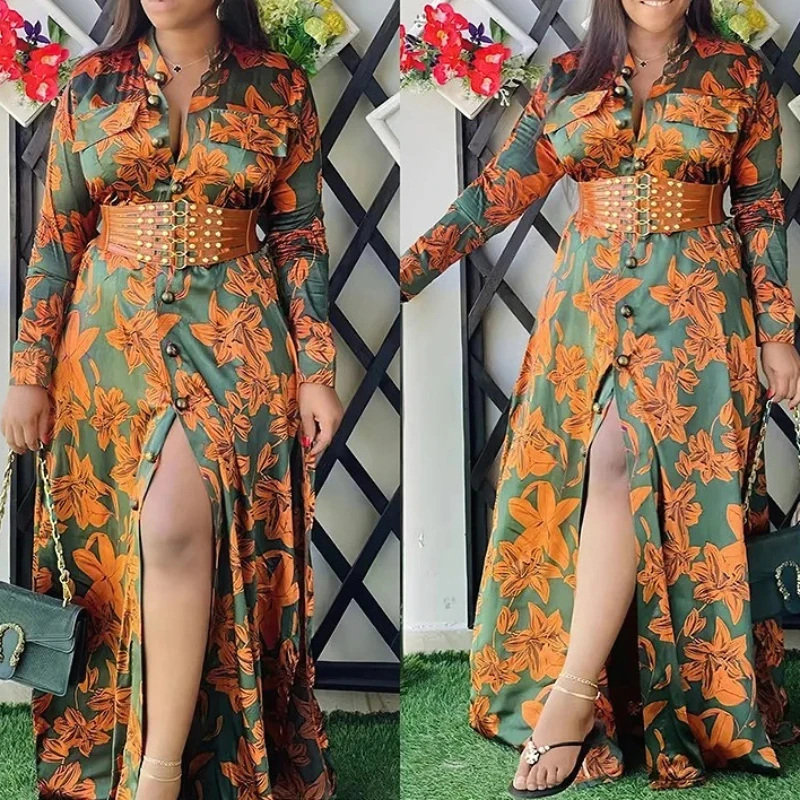 

Long Dress Women Dresses Print Floral A Line Vestidos Party High Waist Belt V Neck Full Sleeve Elegant Maxi Y2k Streetwear Party