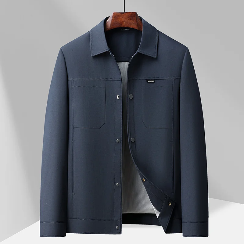 MenSolid Lightweight Trucker Style Jacket Lapel Collar Button Up Anti Wrinkle Casual Daily Business Work Outer Coat With Pockets