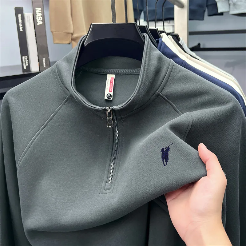2025 Cotton Half Zipper Stand Up Collar Long Sleeved Sweatshirt for Autumn and Winter Casual Sports Style Solid Color Base