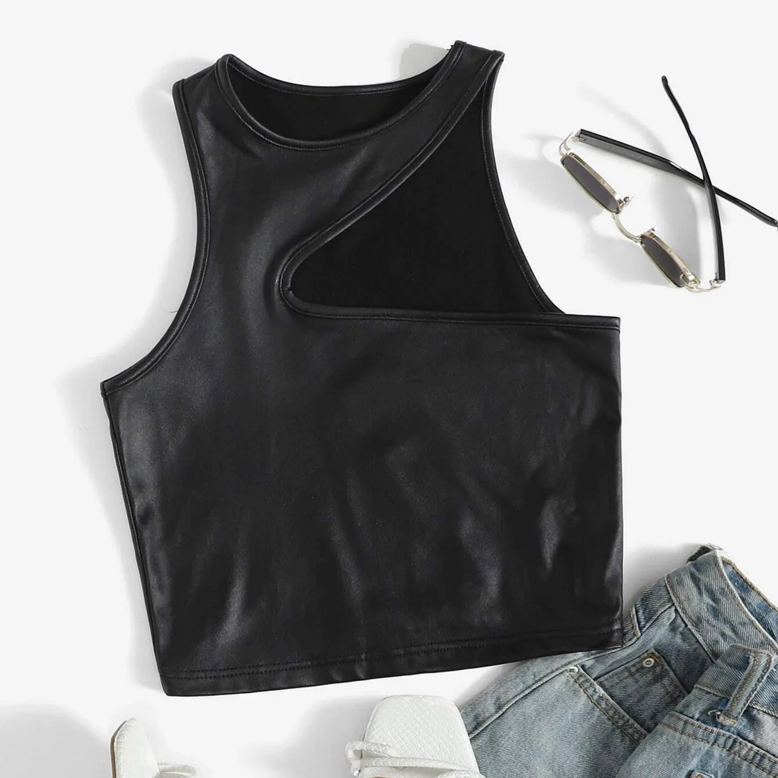 Leather Tank Crop Tops Womens Sleeveless Strappy Patent Leather Vest Cropped Clubwear Black Summer Skinny Camis Elastic Tanks