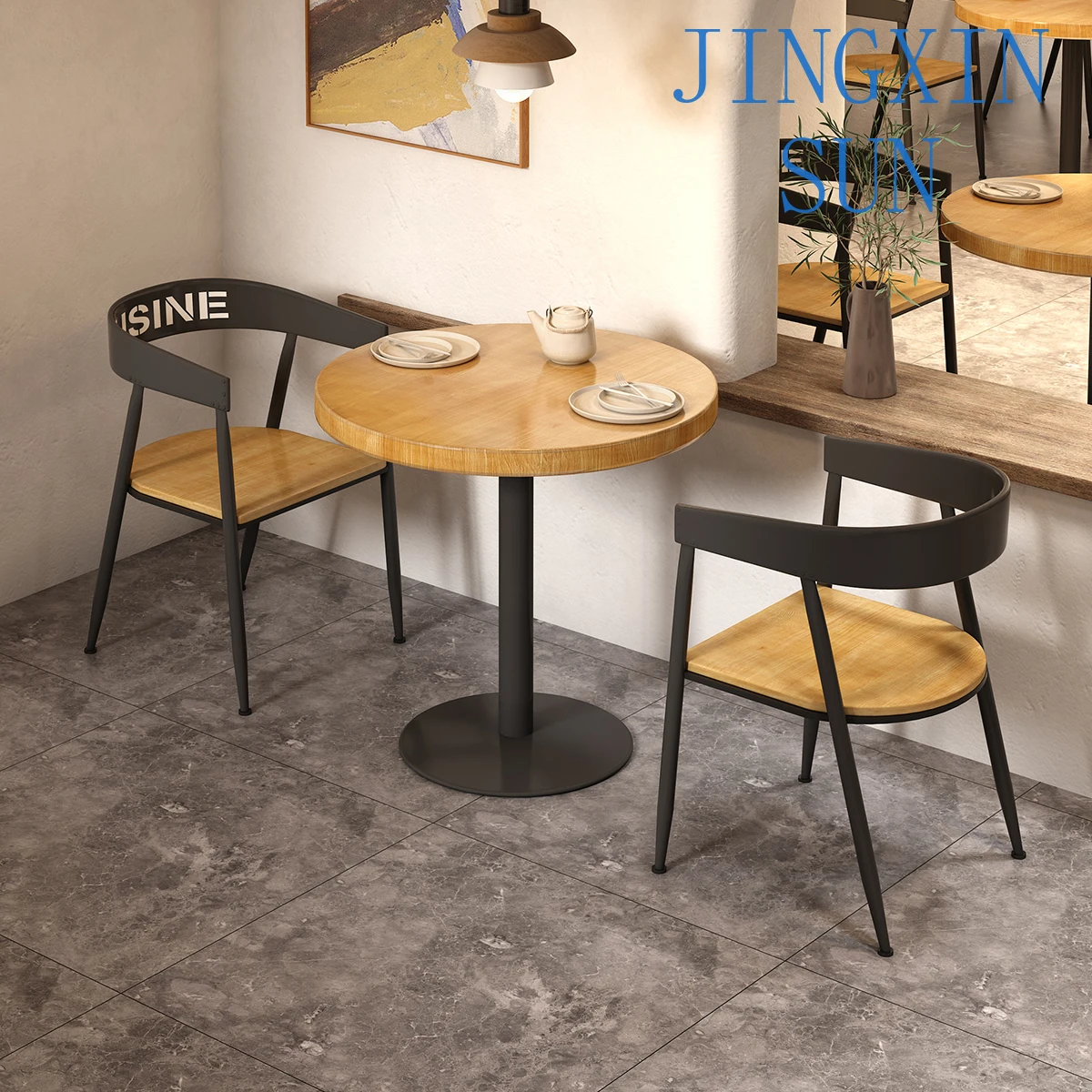 Single leg round dining table and chairs combination wrought iron solid wood small round table snack bar restaurant bar