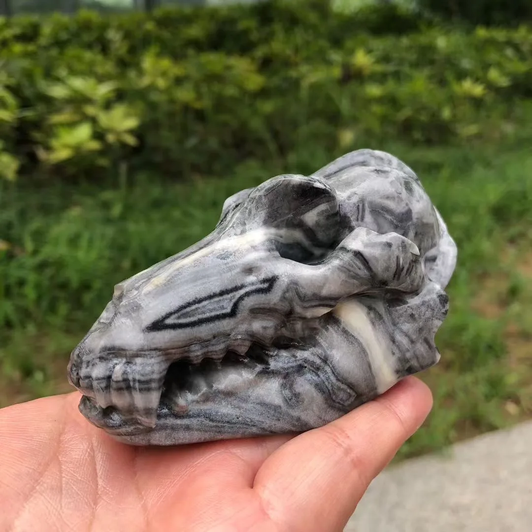10CM Picasso Jasper Natural Obsidian Quartz Crystals Carved Wolf Head SKULL FIGURINES Statue Decoration Items Dr Stone MINERALS