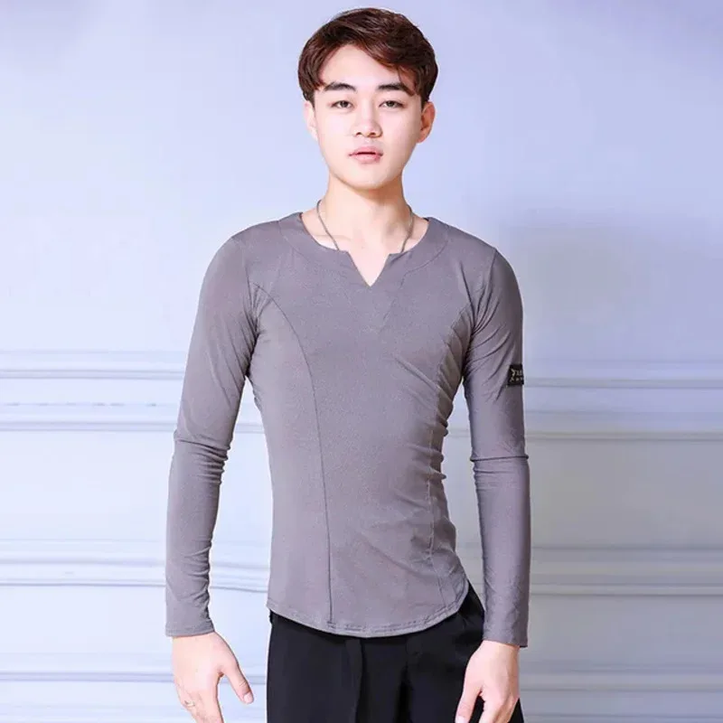 Camicie da ballo latino da uomo in cotone cristallo a maniche lunghe con scollo a V top da allenamento maschile sala da ballo Cha Samba abiti da ballo Dancewear UBs;2,k