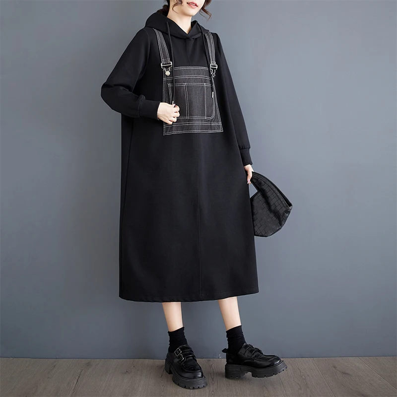 #6861 Black Hooded Sweatshirt Dress Women Loose A-line Streetwear Midi Dress Ladies Loose Split Joint False Two Piece Winter