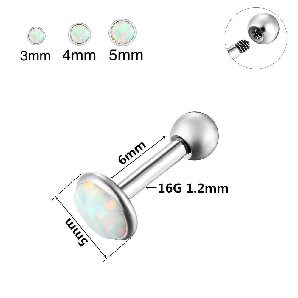 1PC Stainless Steel Ear Piercing Stud Earrings Barbell With Round Opal Lip Nail Helix Nose Stud Cartilage Perforated Body Jewelr