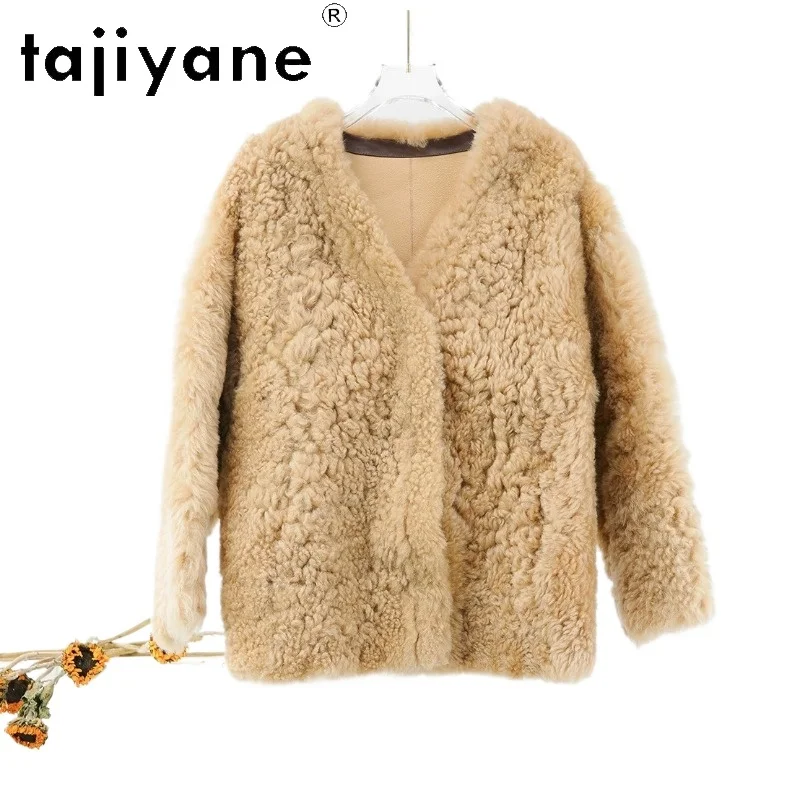 TAJIYANE 100% Natural Sheep Shearling Fur Jacket Winter Woman Real Fur Coat Fourure Jackets for Woman V-neck Outerwear Chic Шуба