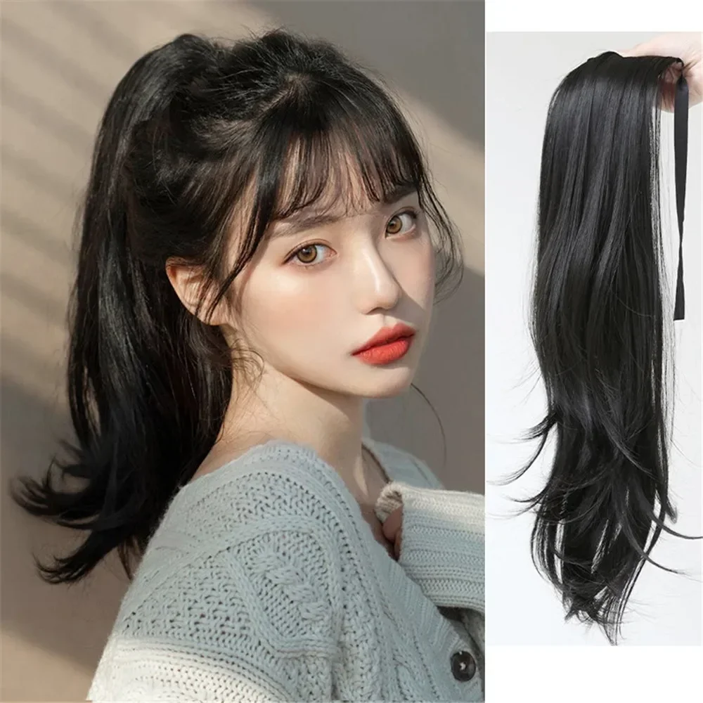45cm Long Straight Synthetic Ponytail Wig Bandage Style Natural Look Hair Extensions Curly Hairpiece for Women Daily Styling