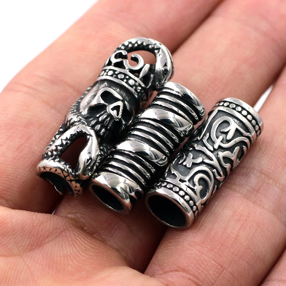 2pcs Stainless Steel Hole 6mm Skull King Snake Tube Beads Slider Charm DIY Men Leather Cord Bracelet Making Jewelry Accessories