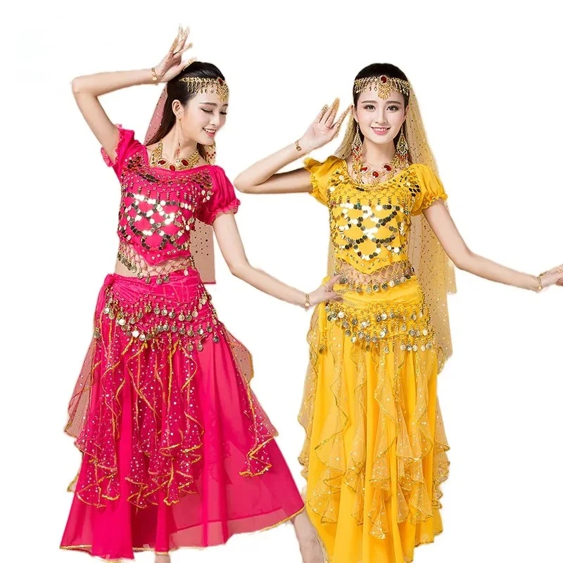Indian Dance Costume Adult Women's Belly Dance Performance Outfit New Ethnic Stage Performance Short Sleeve Skirt Set