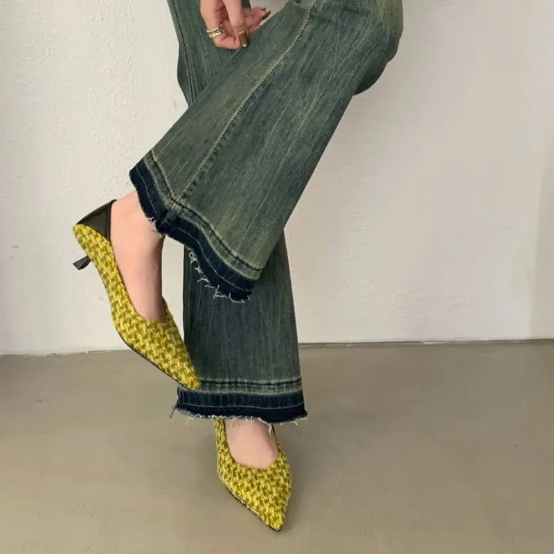 

Red High Heels Women knitted Pionted Toe Green Pumps Comfort Low Heels Office Shoes Ladies Red Shoes