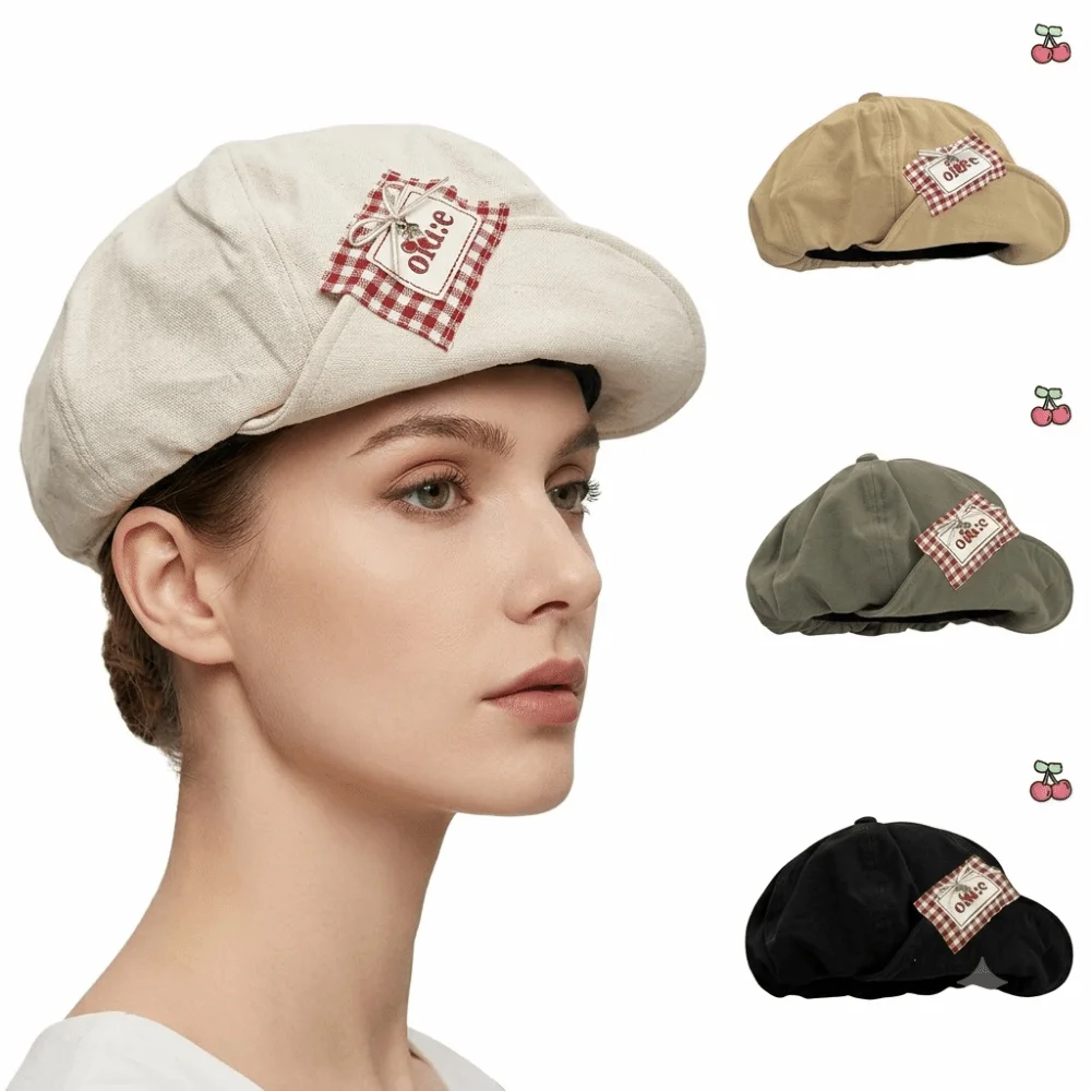 Japanese Retro Style Cherry Patch Beret Literary Style Cherry Patch Cloud Painter Cap Large Head Circumference Cuffed Brim