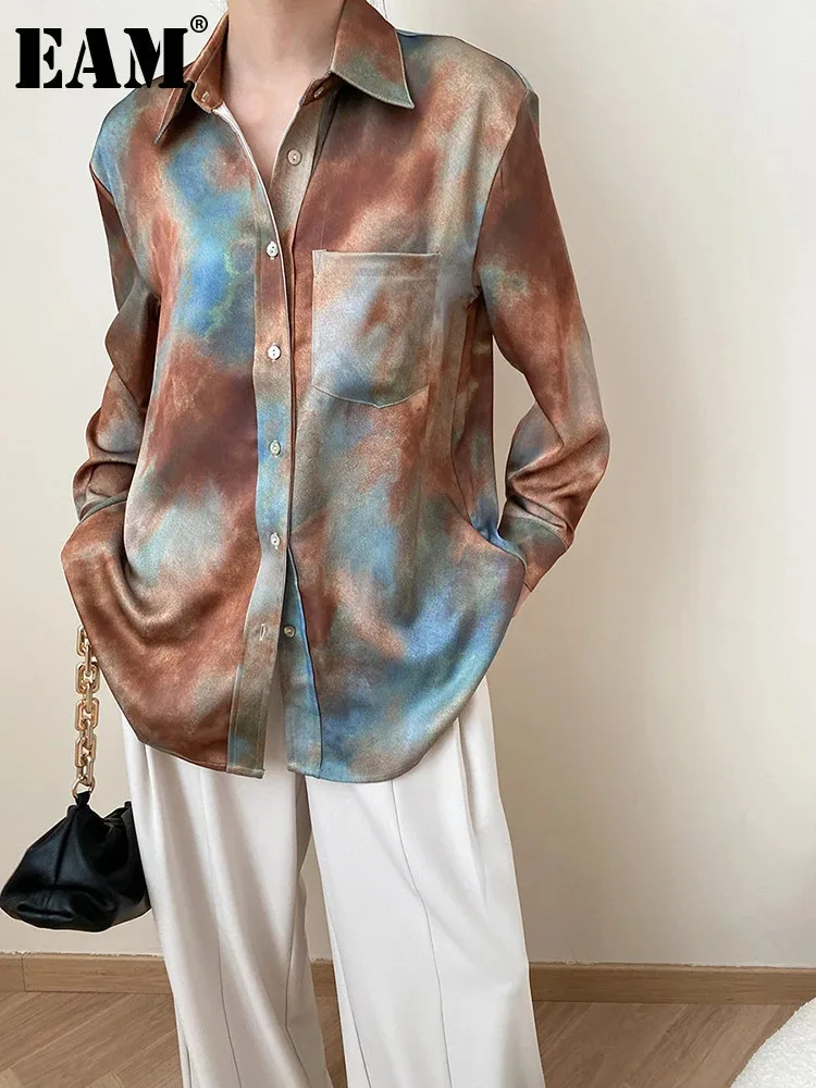 [EAM] Women Coffee Blue Tie Dye Printed Big Size Blouse New Lapel Long Sleeve Shirt Fashion Tide Spring Autumn 2024 1DH7390