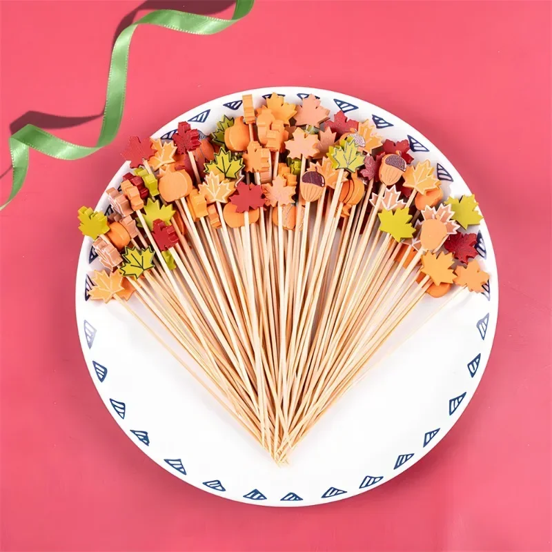 100Pcs Thanksgiving Maple Leaves Pumpkins Acorn Cocktail Picks Fall Sticks Fruit Toothpicks Harvest Decorations Party Supplies