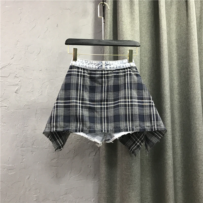 Ruffles Plaid Patchwork Denim Shorts Women High Waist Fake Two Piece Wide Leg Irregular A-line Short Pants Street Fashion