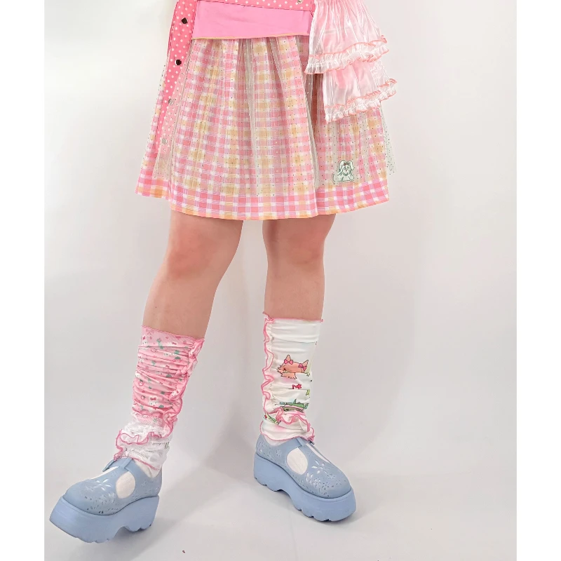 Japanese Style Cute Girl Print Ice Silk Cotton Lace Hosiery Spring Autumn New Sweet Versatile Slouch Socks Leg Warmers Ladies