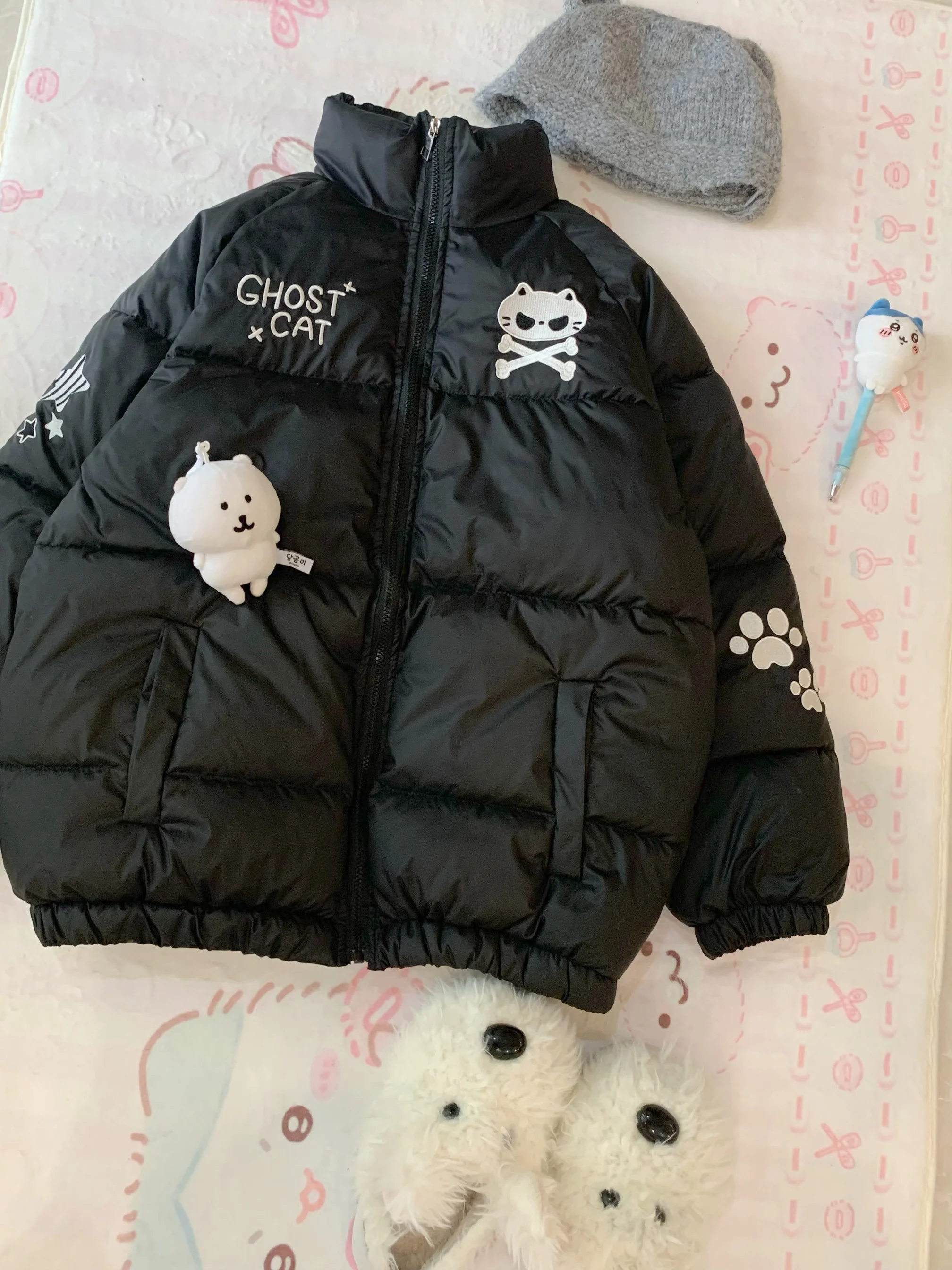 Original Japanese Style Black Parkas Warm Thickened Letter Embroidery Student Y2k Down Jacket Womens Cotton-padded Coat Winter