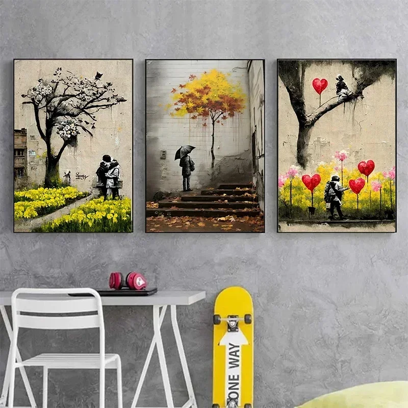 Pop Street Graffiti Wall Art Posters Banksy Boy Girl with Balloon on Canvas Posters Prints Painting Living Room Home Decor Gifts