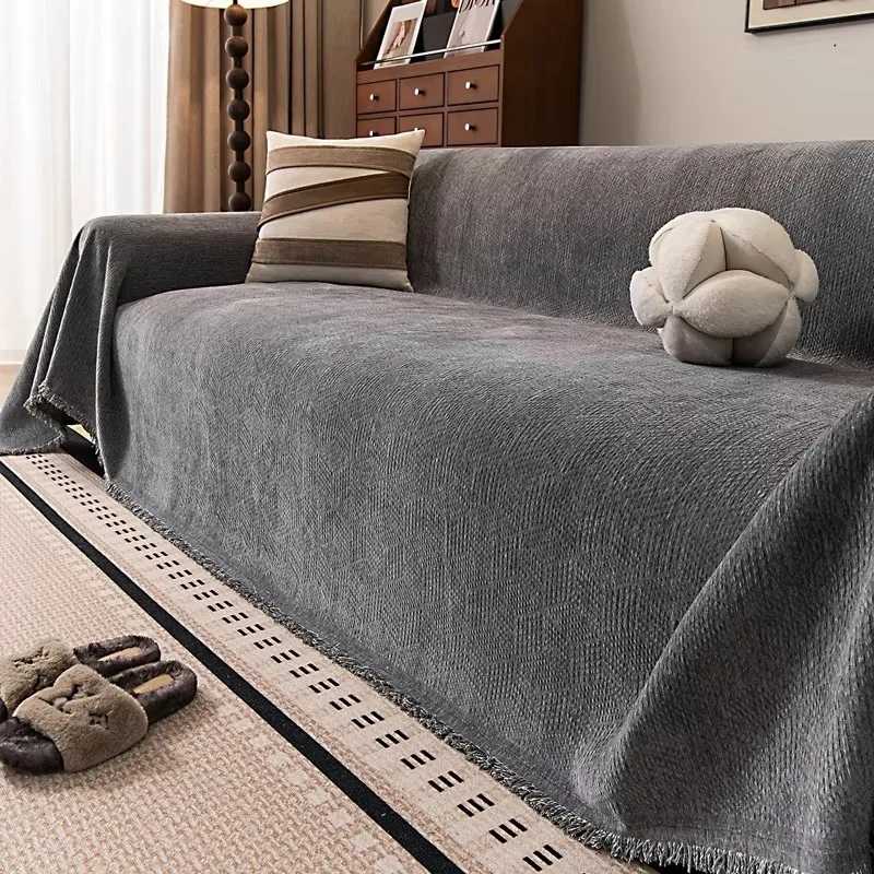 Waffle Textured Chenille Sofa Throw Cover, All Season Universal Tassel Couch Blanket, Gray for Living Room Home Decor