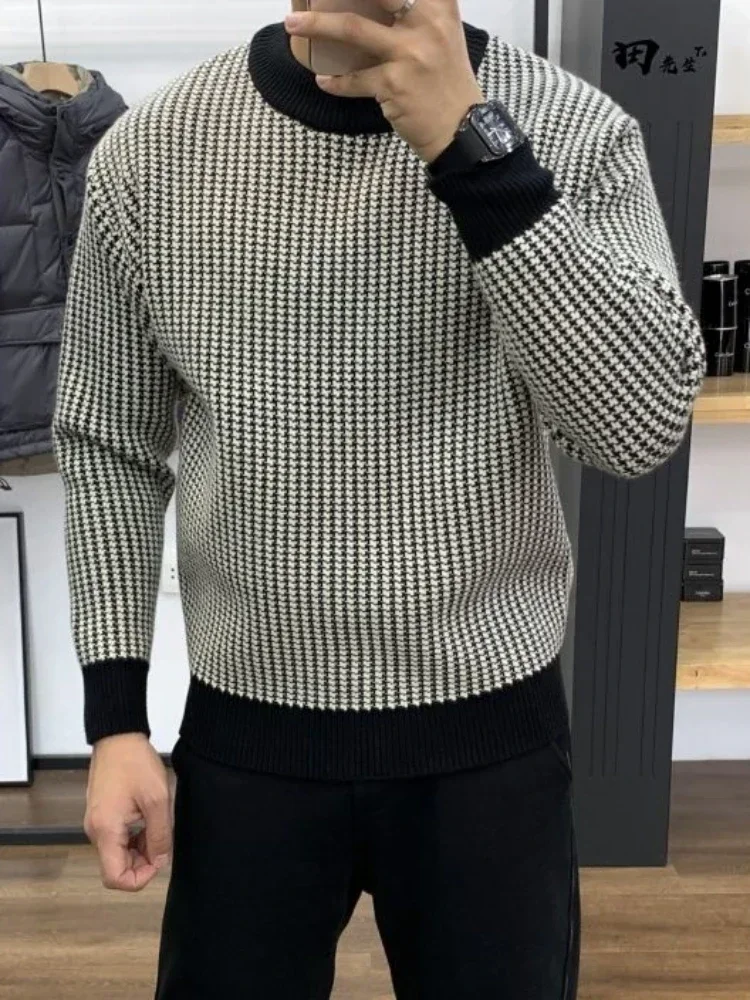 

Man Clothes Spring Autumn Round Collar Plaid Knitted Sweaters for Men Pullovers Crewneck Black Elegant Designer Luxury Sheap A S