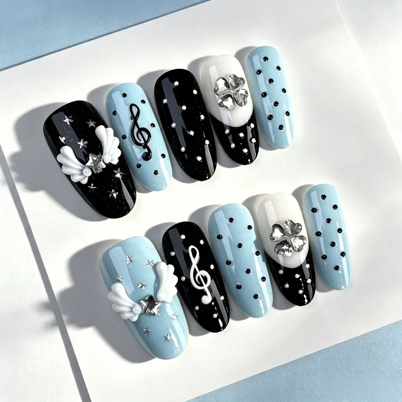 24PCS Y2k Blue Oval False Nails Sweet Cool 3D Angel Swings Black Music Note Polka Dots Press on Nails with Star Rhinestone Nails