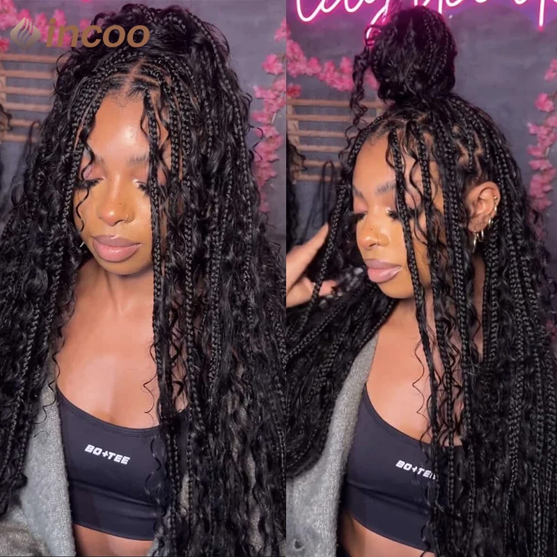 Boho Box Braided Wigs Curly Hair Synthetic Full Lace Front Wigs for Black Women Goddess Locs Braid Wig Bohemian Box Braid Wig