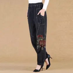 Women Clothing Vintage Embroidered Patchwork Ladies Elastic Waist Pocket Autumn Winter Thick Fashion Loose Harem Pants Straight