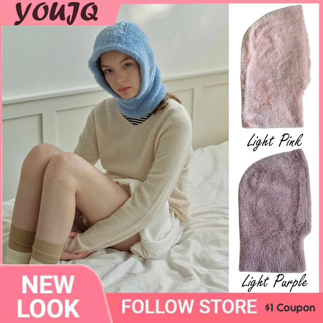 

Y2K Faux Mink Candy Balaclava Hats for Women Solid Fluffy Beanies Winter Knit Warm One-Piece Neck Collar Beanies Hats Gorras